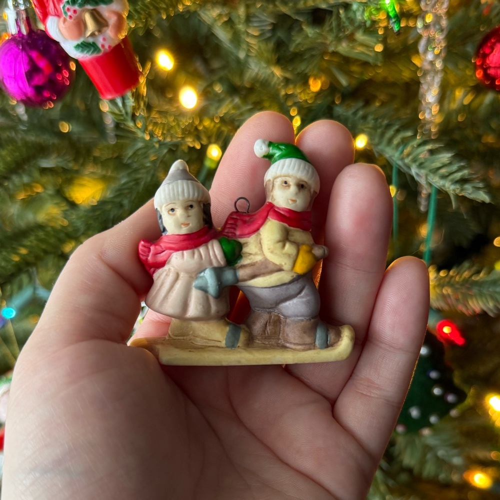Christmas Village Ornament with Children Skiing Vintage Porcelain
